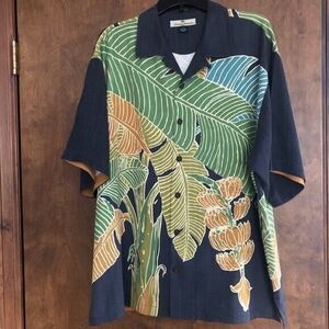 Tommy Bahama Mens‎ Large Gray Green 100% Silk Banana Tree Leaf Floral Hawaiian